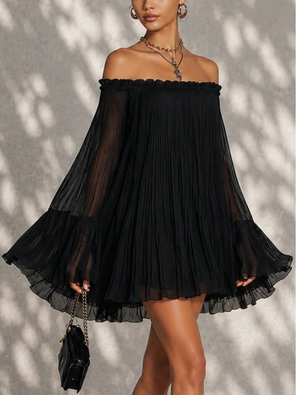 Black Elegant Women's Off-Shoulder Backless Pleated Sleeve Dress